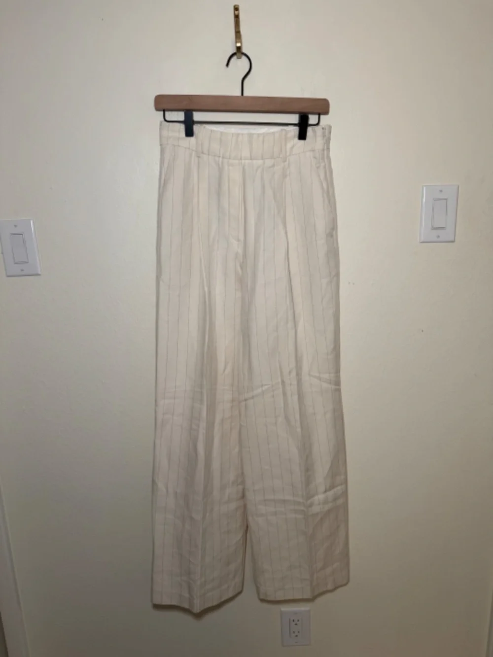 Reiss Pinstripe Wide Leg Pants Women's 4 Ivory High Rise Linen Blend Tailored